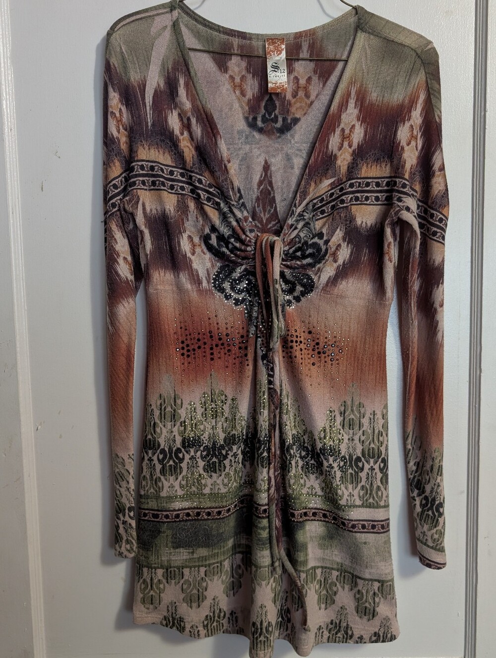 S12 Boho Tie-Front Long Sleeve Top in Olive and Rust